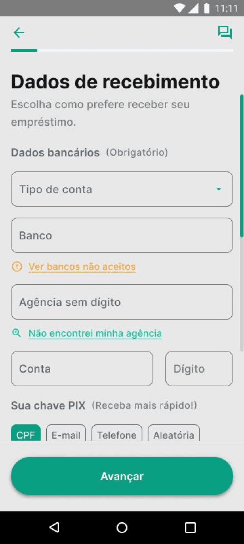 App Konsí: dados bancários com o link Ver bancos não aceitos